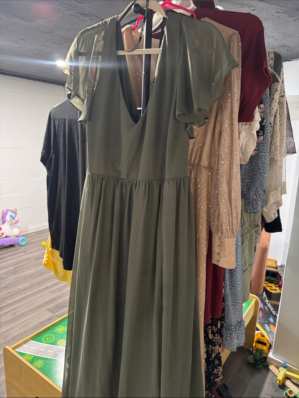 Birdy Grey Olive Maxi Dress with Flutter Sleeves